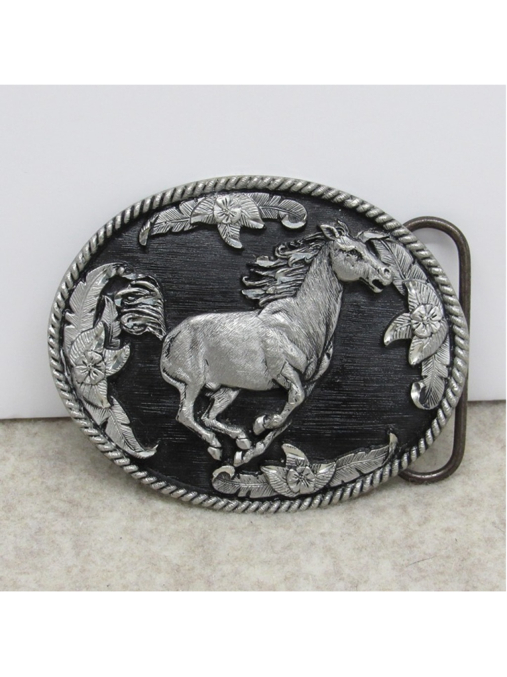 Vintage Bergamot Pewter Horse Belt Buckle V-256 Western Cowboy Floral USA Made